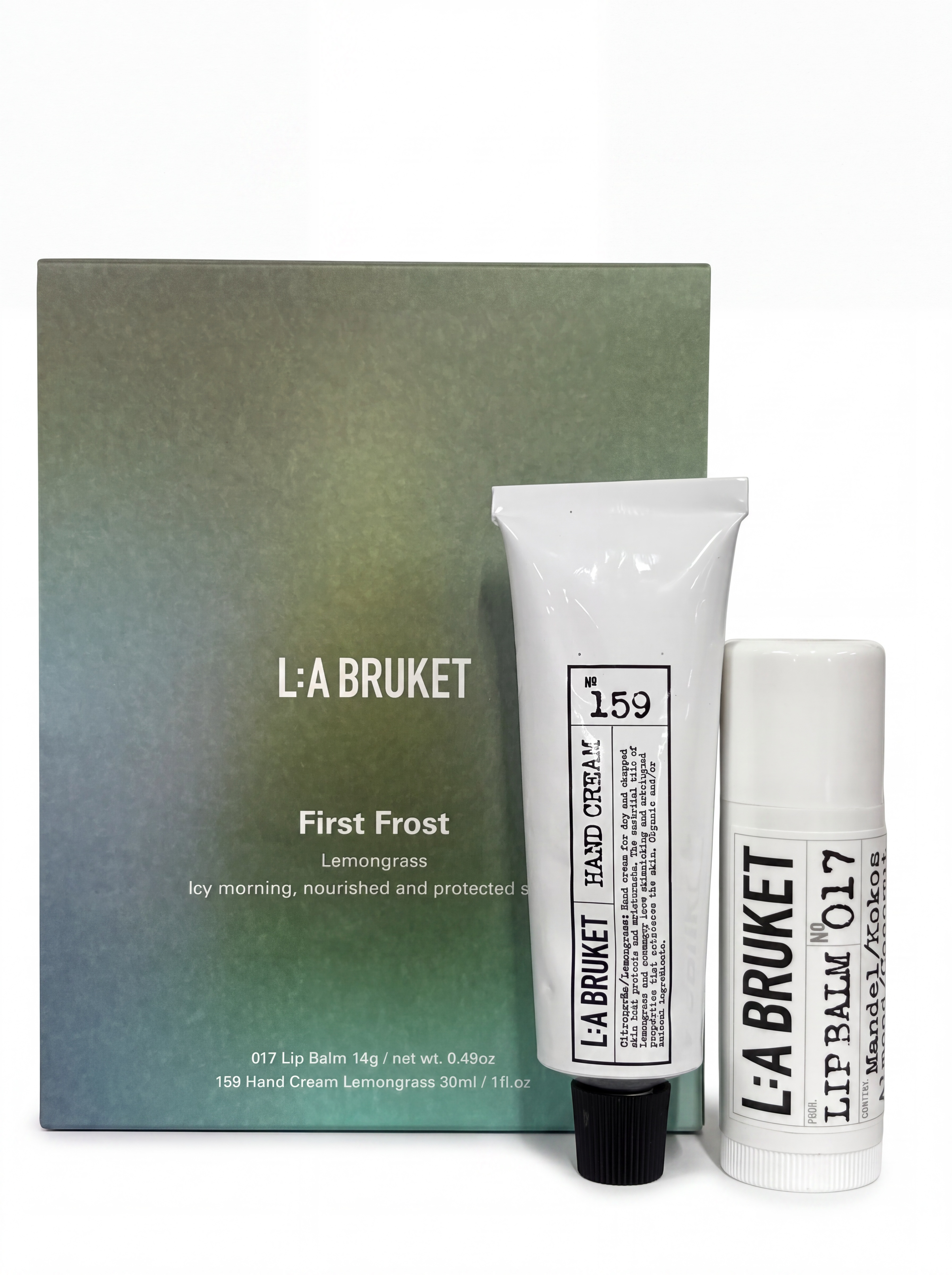 L:A Bruket First Frost Lemongrass Set - 159 Lemongrass Hand Cream (30 ml), 017 Coconut Almond Lip Balm (14 g)
