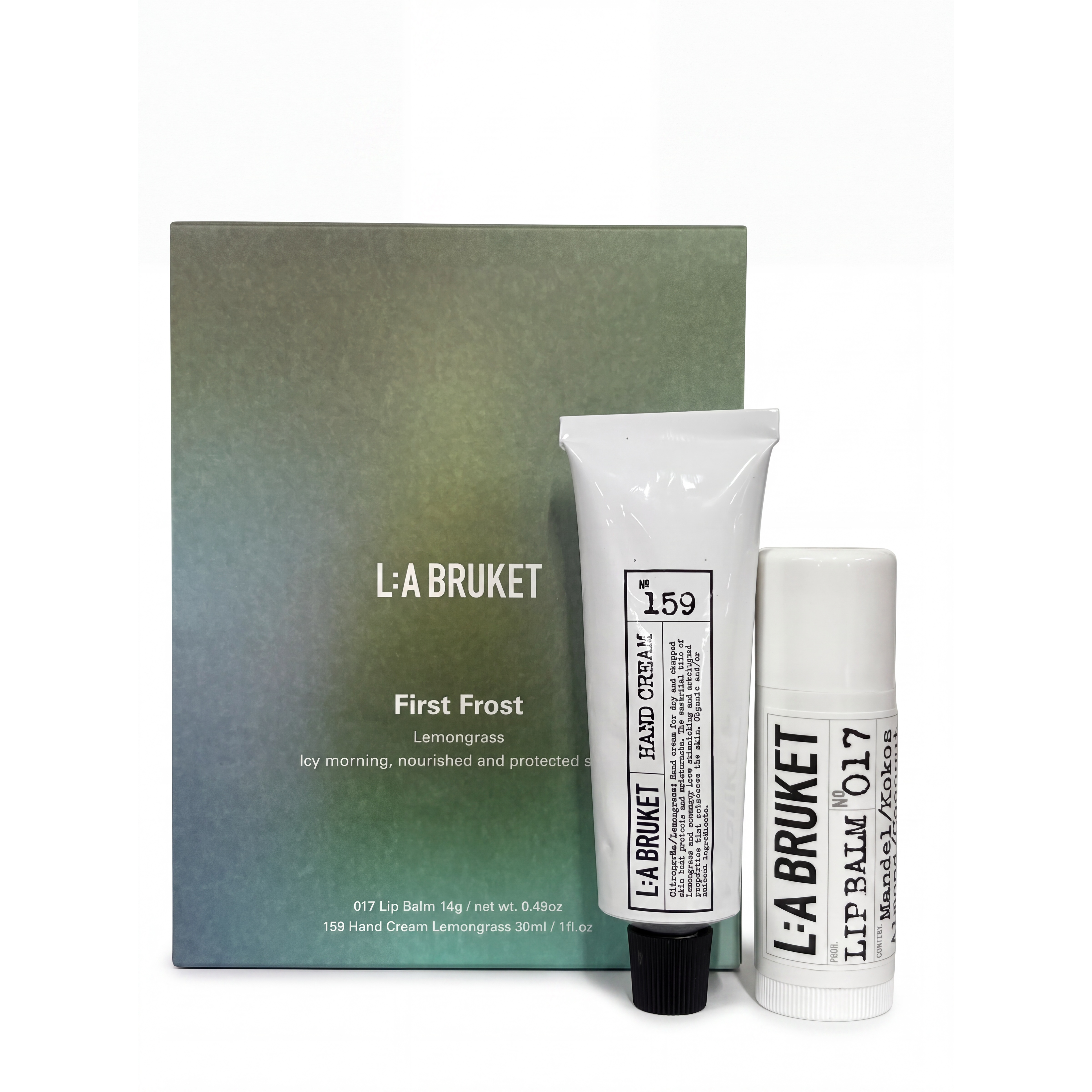 L:A Bruket First Frost Lemongrass Set - 159 Lemongrass Hand Cream (30 ml), 017 Coconut Almond Lip Balm (14 g)-L:A Bruket-Oak Manor Fragrances