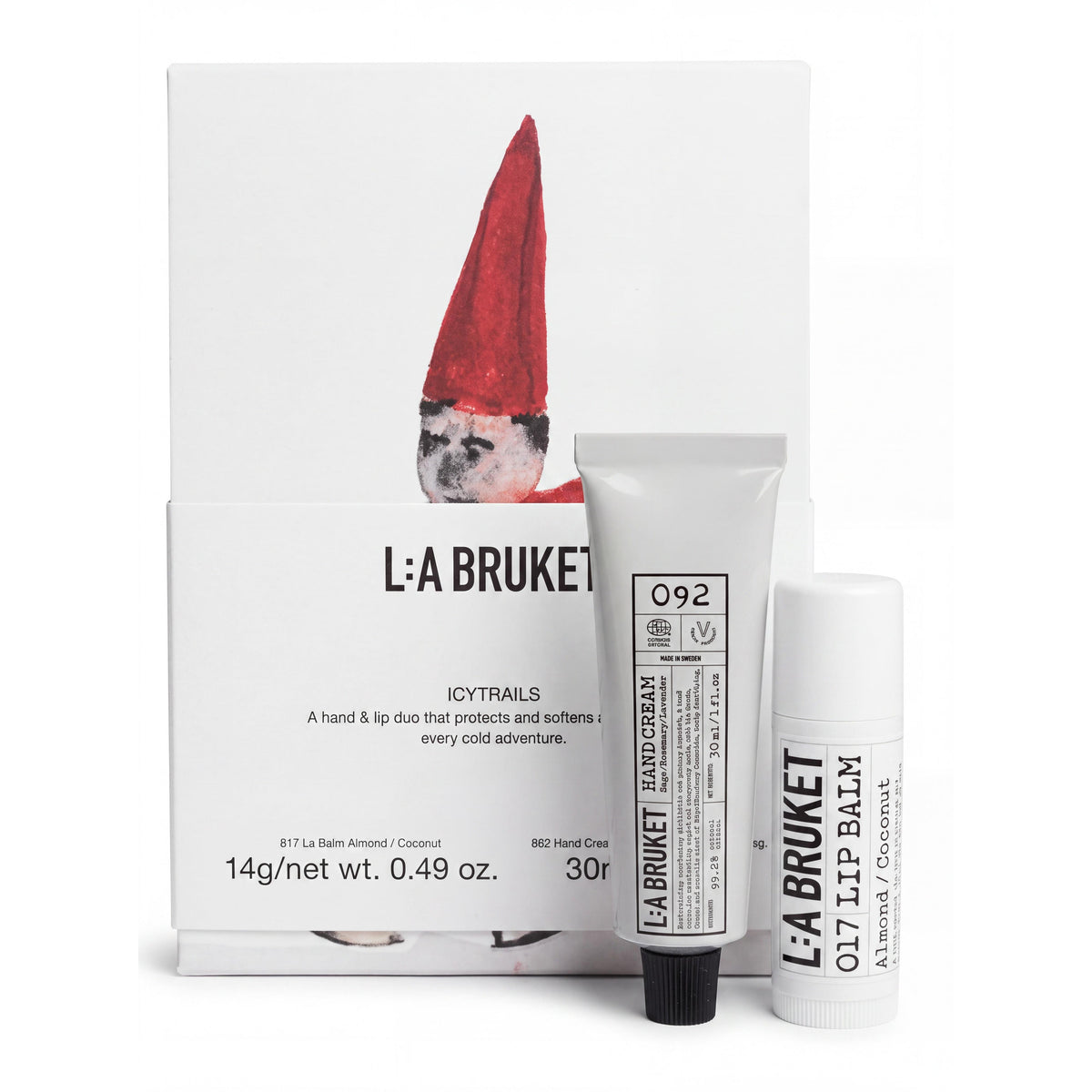 L:A Bruket Icy Trails Winter Kit - No. 017 Almond Coconut 14 g Lip Balm, No. 092 Rosemary Lavender Hand Cream 30 ml-L:A Bruket-Oak Manor Fragrances