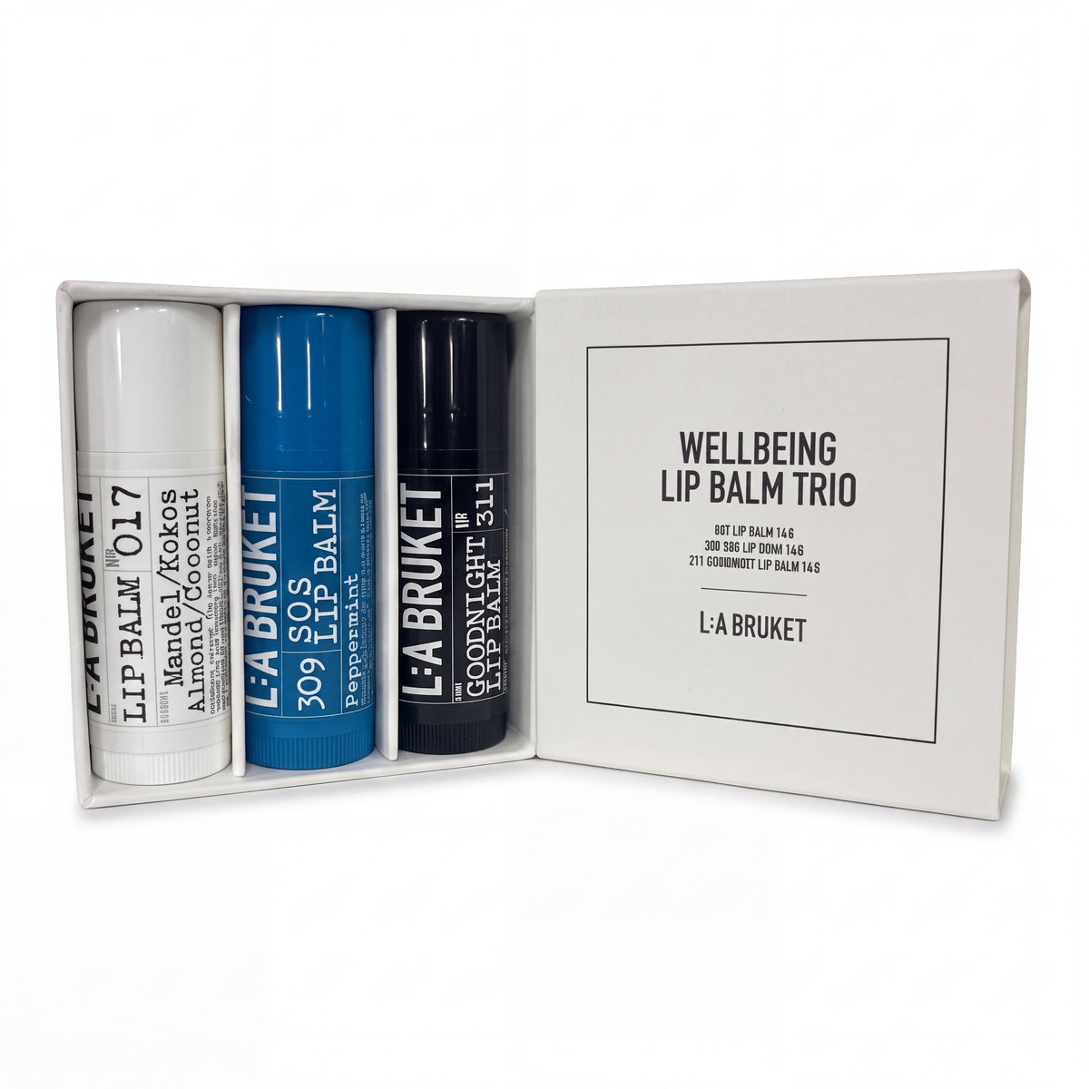 L:A Bruket Wellbeing Lip Balm Trio (Coconut Almond, SOS, and Goodnight Lip Balms)-L:A Bruket-Oak Manor Fragrances