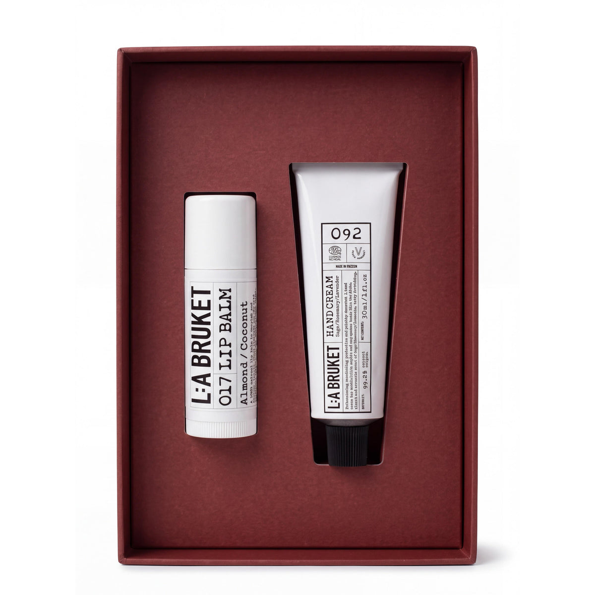 L:A Bruket Icy Trails Winter Kit - No. 017 Almond Coconut 14 g Lip Balm, No. 092 Rosemary Lavender Hand Cream 30 ml-L:A Bruket-Oak Manor Fragrances