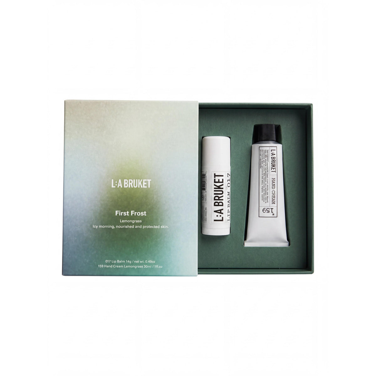 L:A Bruket First Frost Lemongrass Set - 159 Lemongrass Hand Cream (30 ml), 017 Coconut Almond Lip Balm (14 g)-L:A Bruket-Oak Manor Fragrances