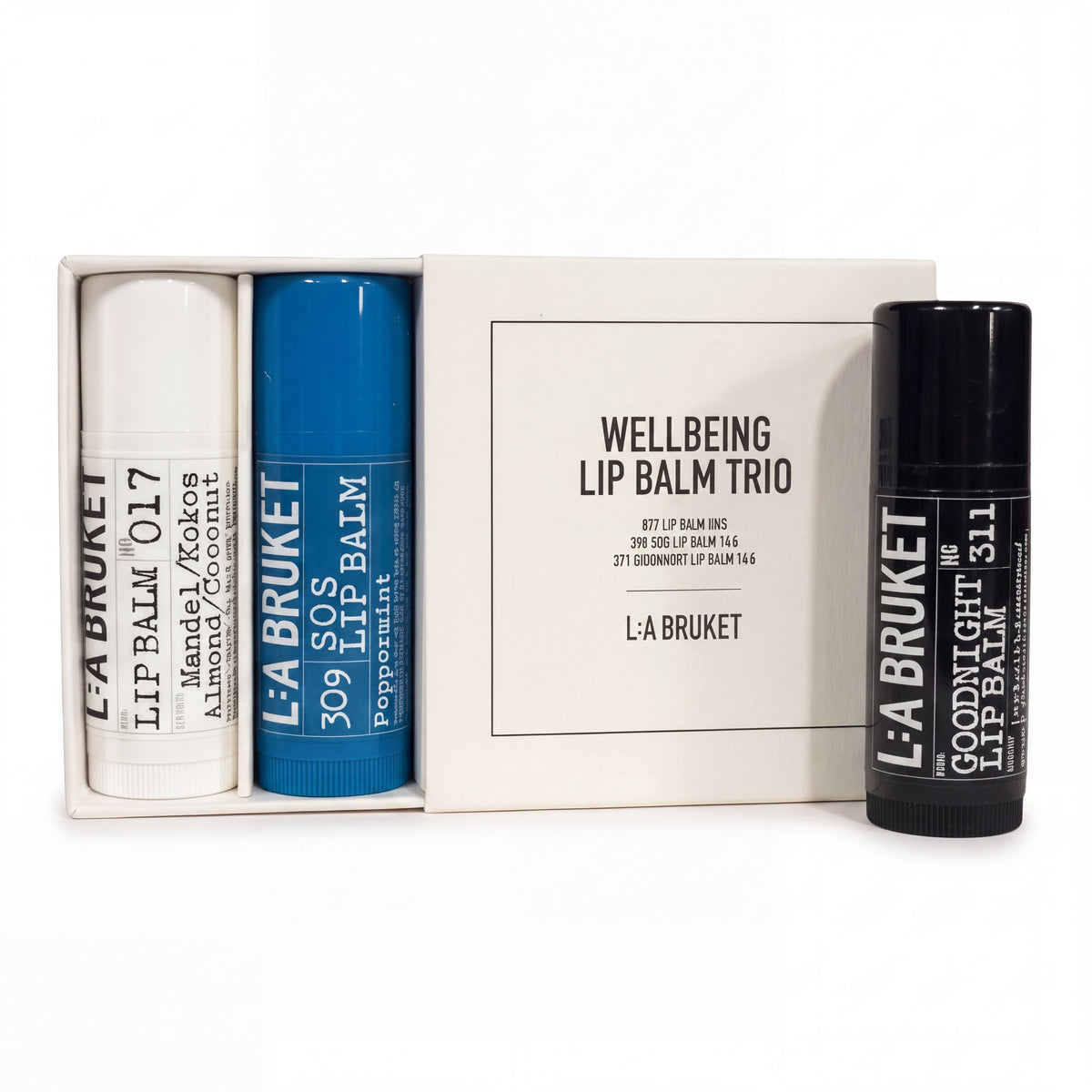 L:A Bruket Wellbeing Lip Balm Trio (Coconut Almond, SOS, and Goodnight Lip Balms)-L:A Bruket-Oak Manor Fragrances