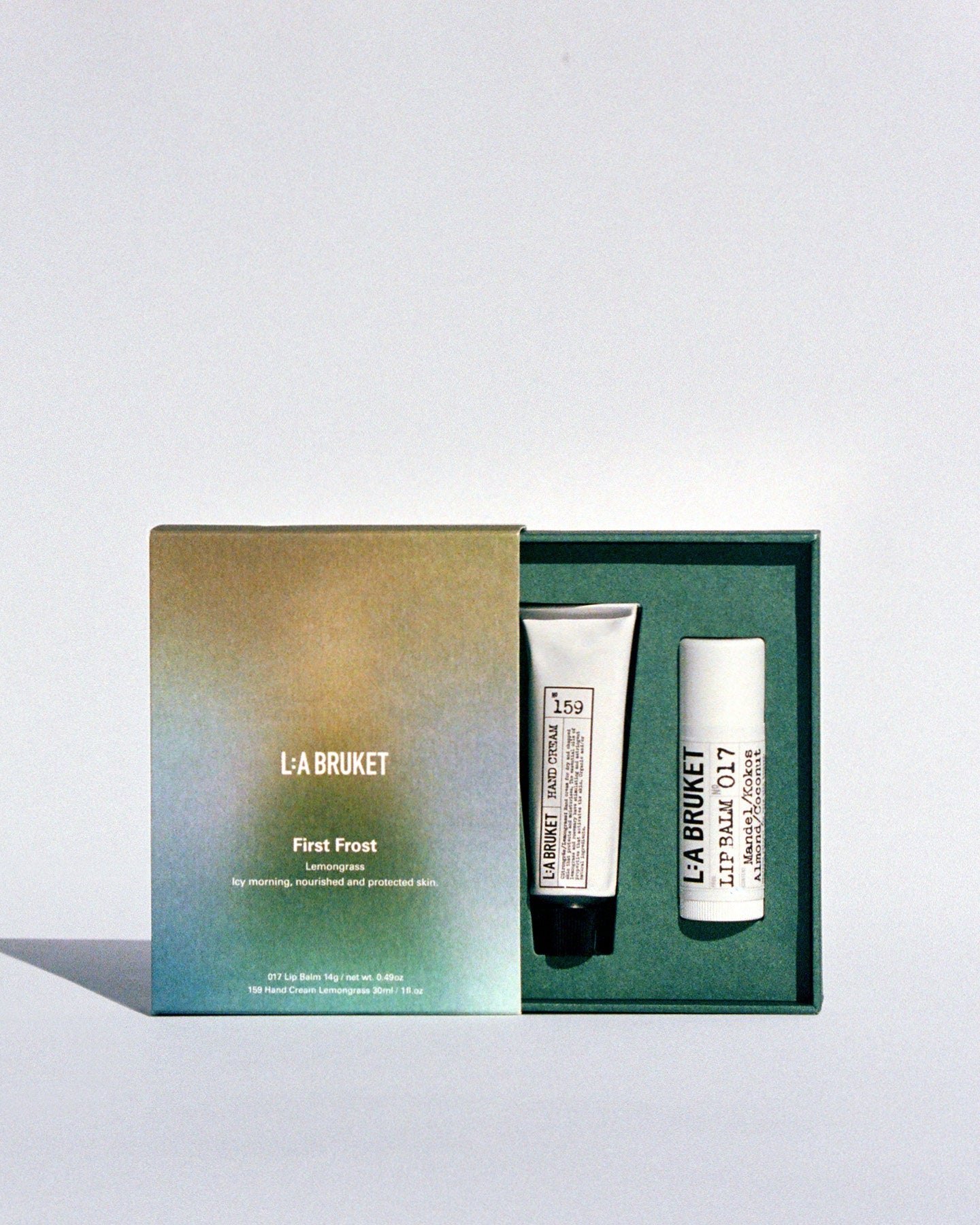 L:A Bruket First Frost Lemongrass Set - 159 Lemongrass Hand Cream (30 ml), 017 Coconut Almond Lip Balm (14 g)